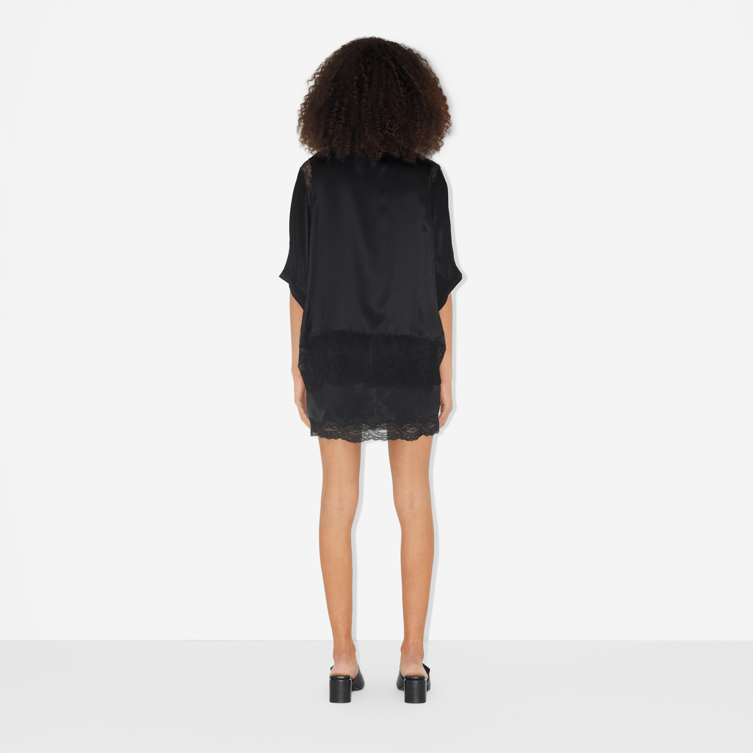 Short-sleeve Lace Panel Silk Satin Top in Black - Women | Burberry® Official - 4