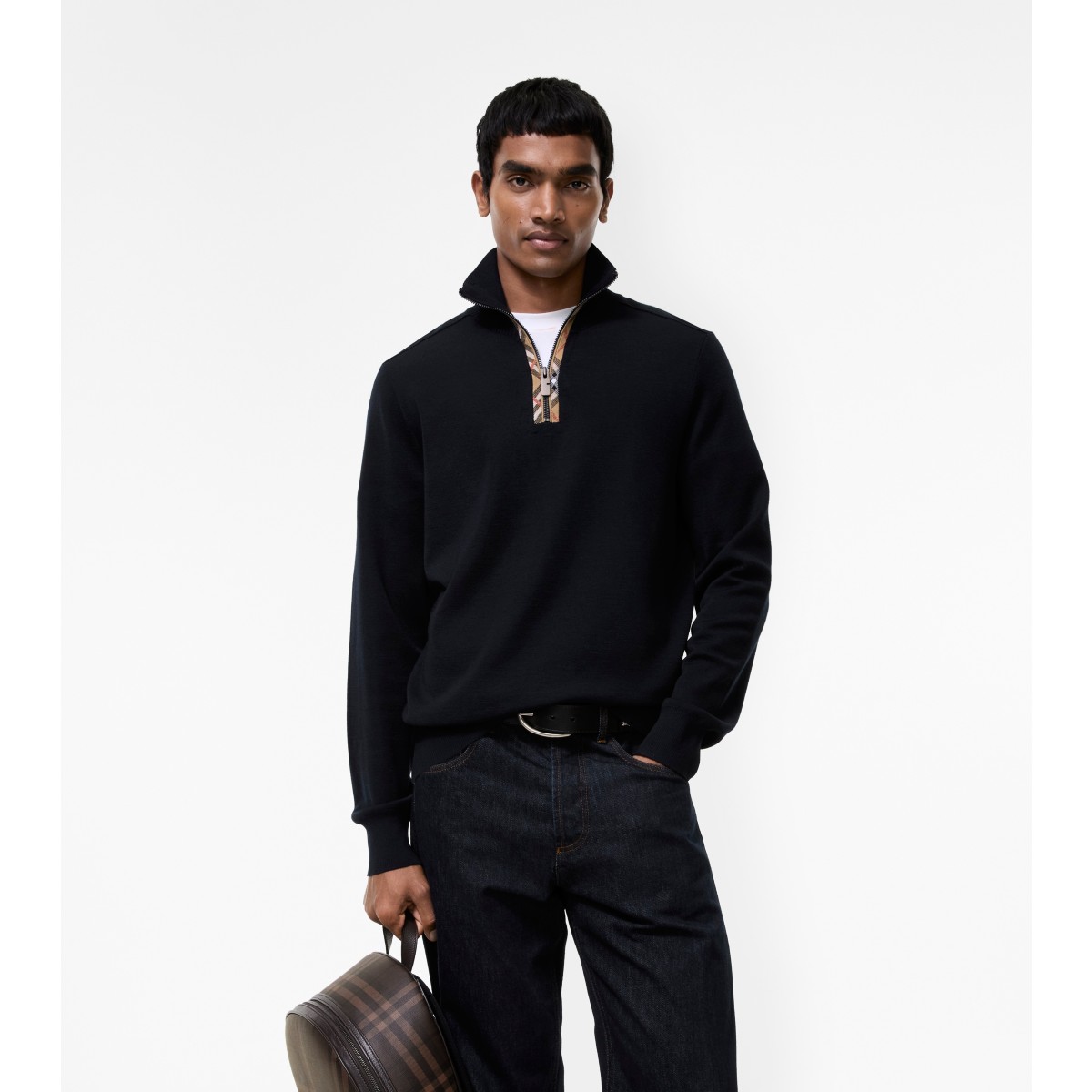  Check Trim Wool Half-zip Sweater