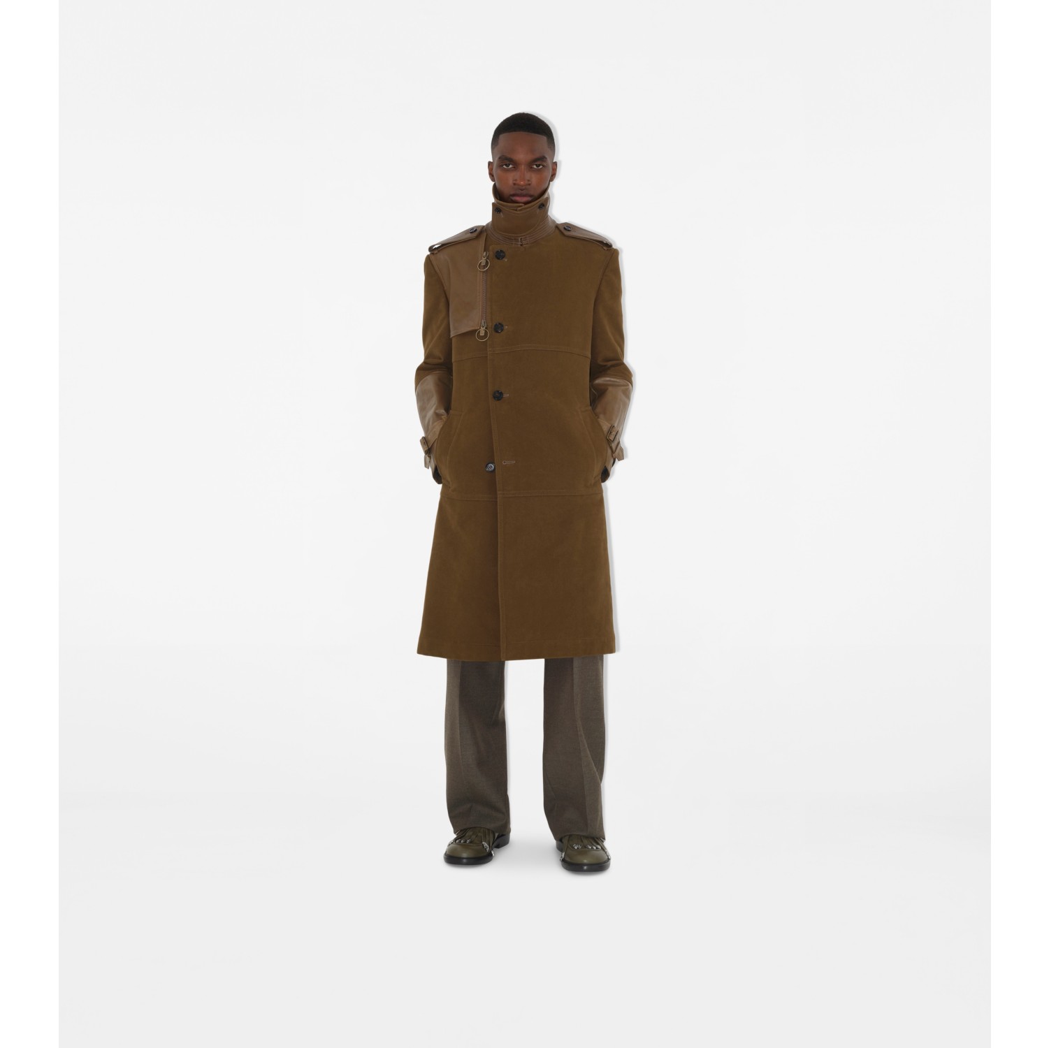 Trench long en coton et cuir