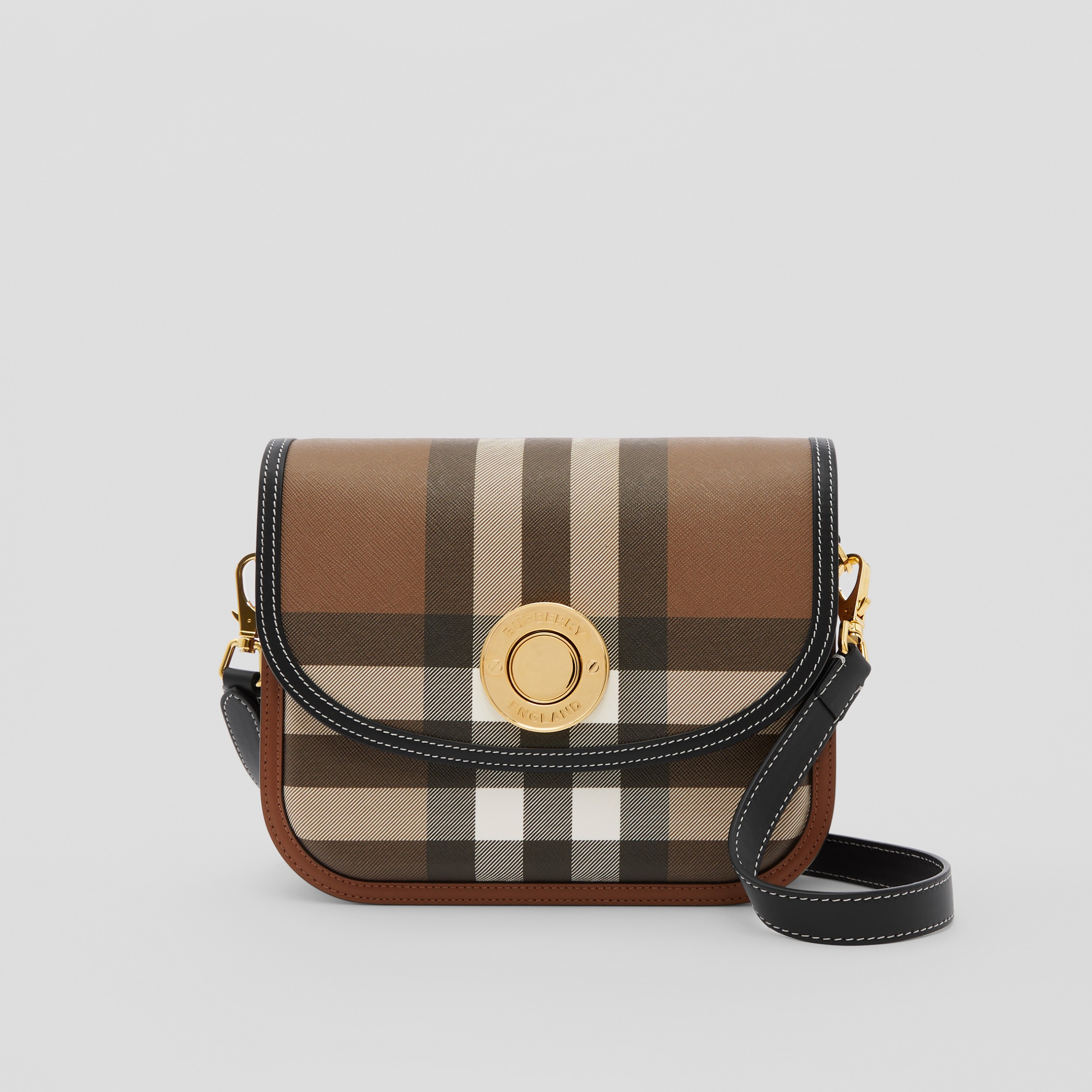 Check and Leather Medium Elizabeth Bag in Dark Birch Brown - Women | Burberry® Official - 1