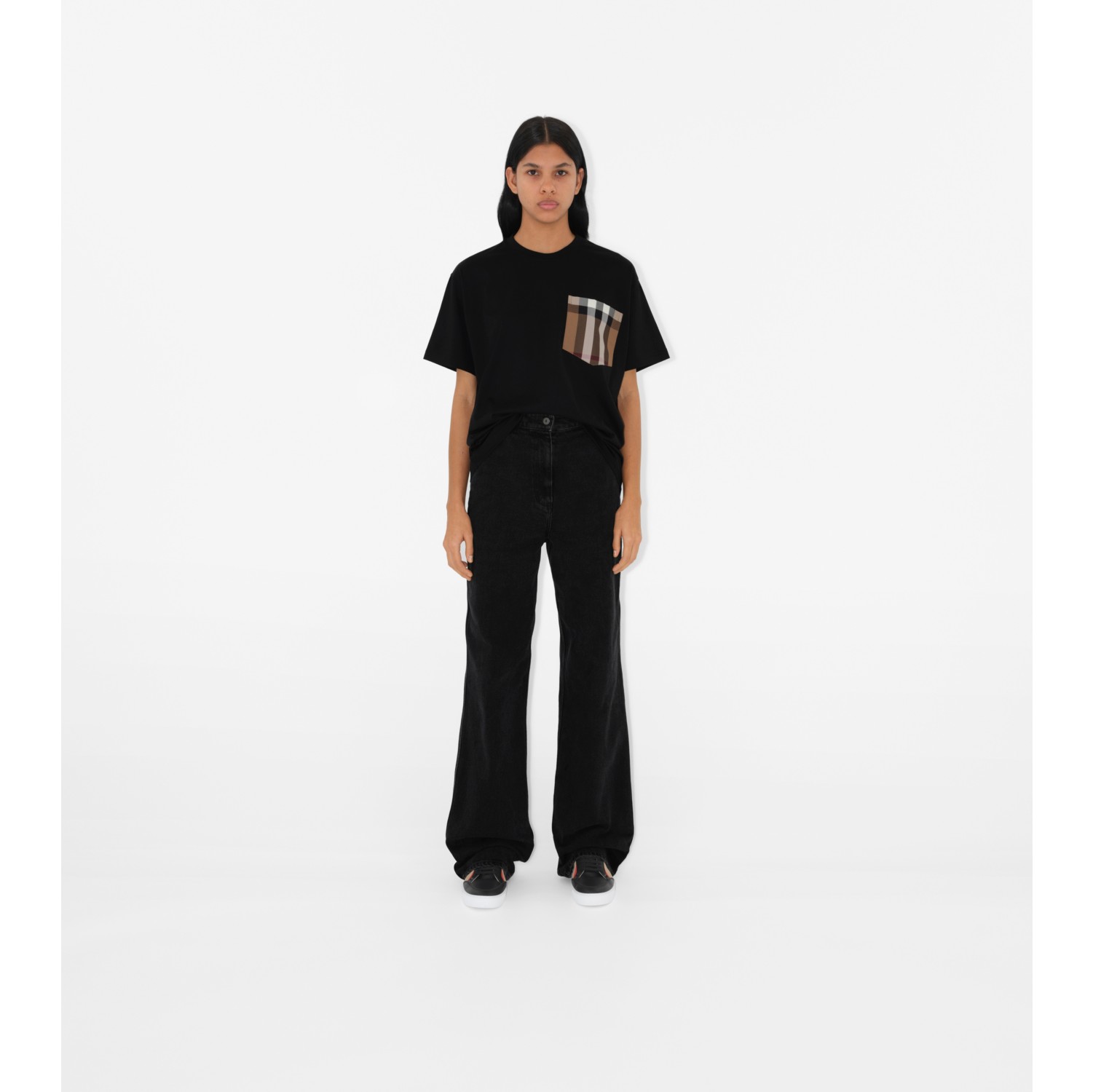 T-shirt oversize en coton avec poche Check (Noir) - Femme