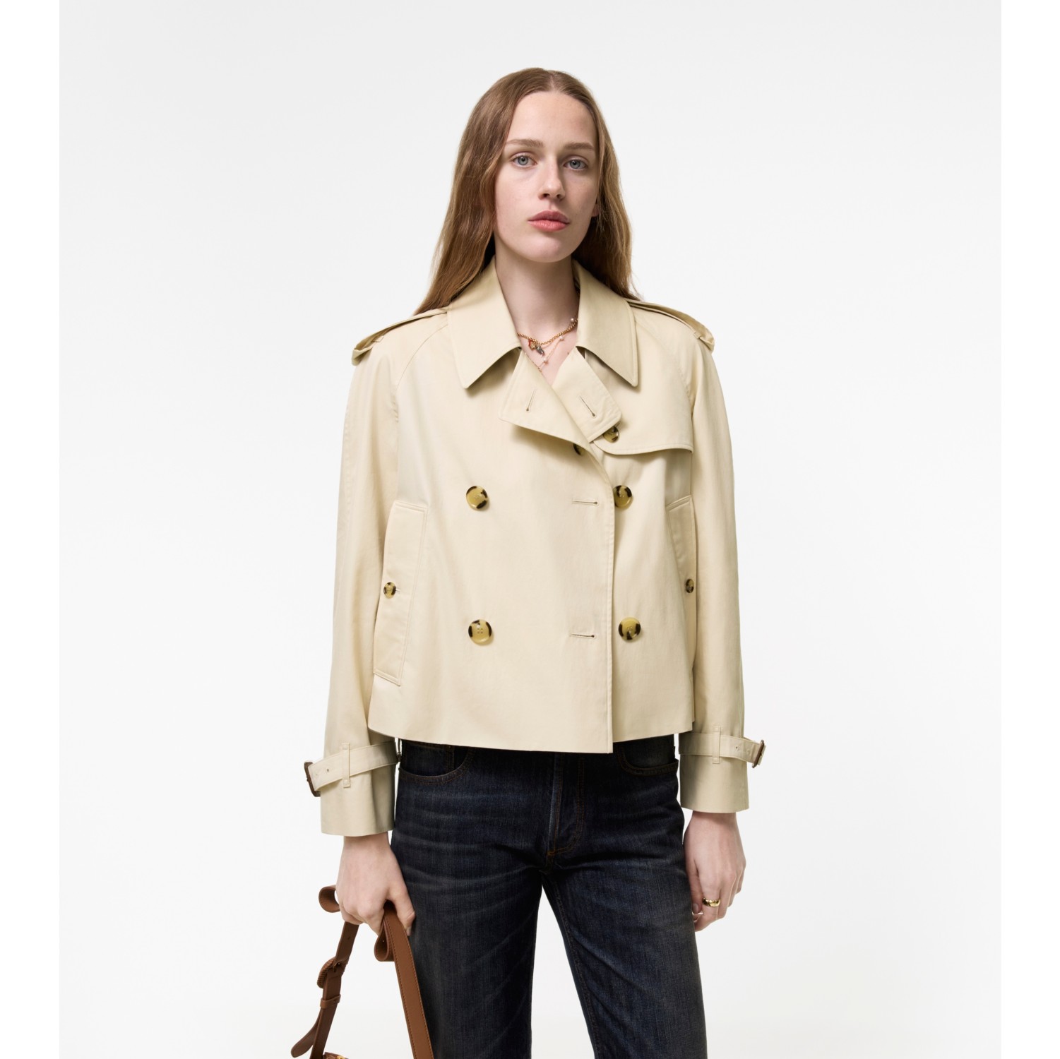 Cropped Tropical Gabardine Mayfair Trench Jacket in Stone beige