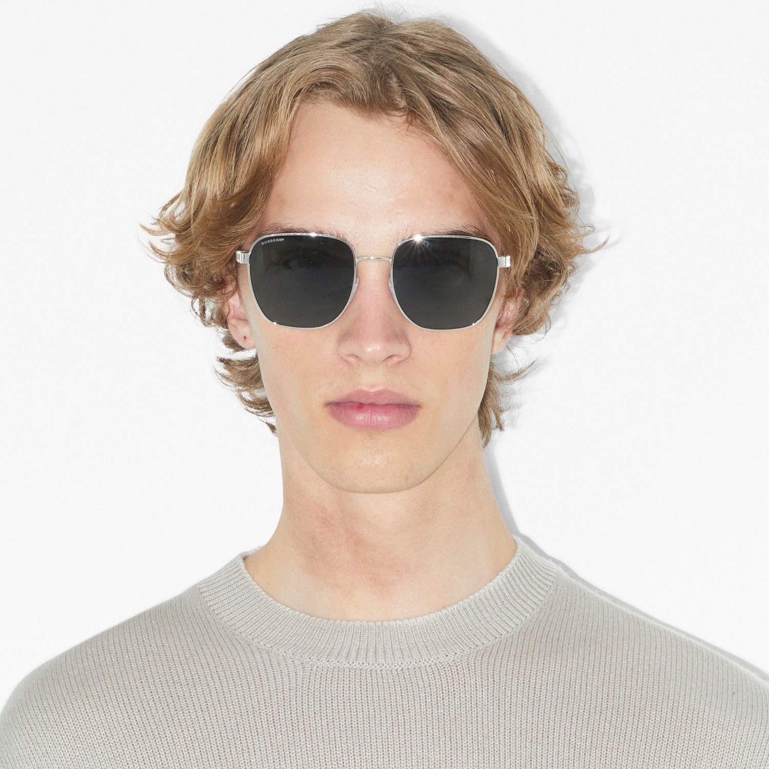 条纹装饰方框太阳眼镜 (银色) - 男士 | Burberry® 博柏利官网