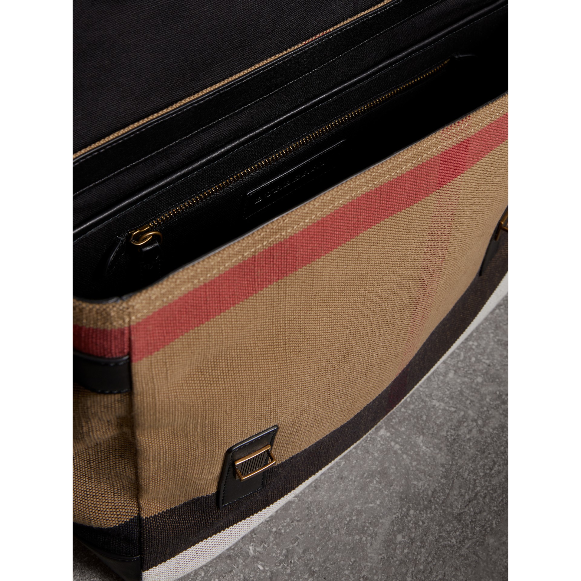 Large Leather Trim Canvas Check Messenger Bag in Black Men Burberry United States