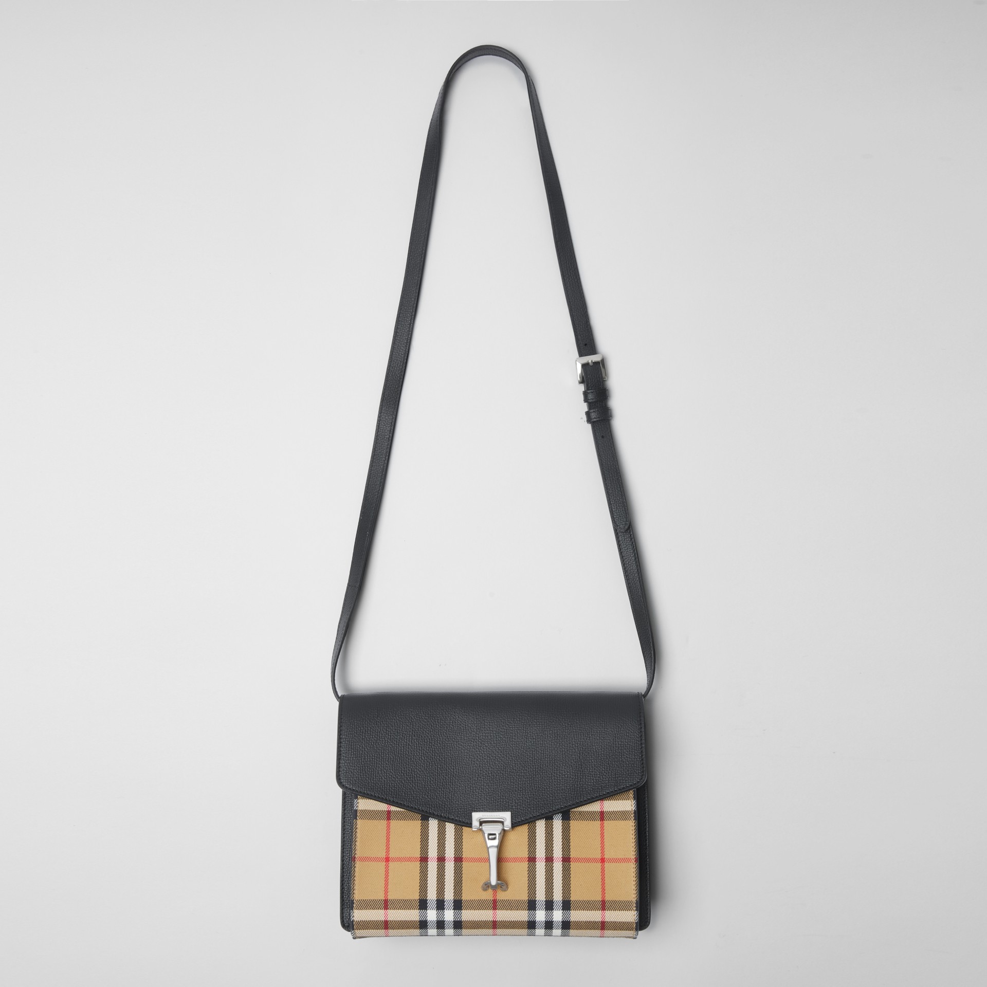 Small Vintage Check and Leather Crossbody Bag in Black Women
