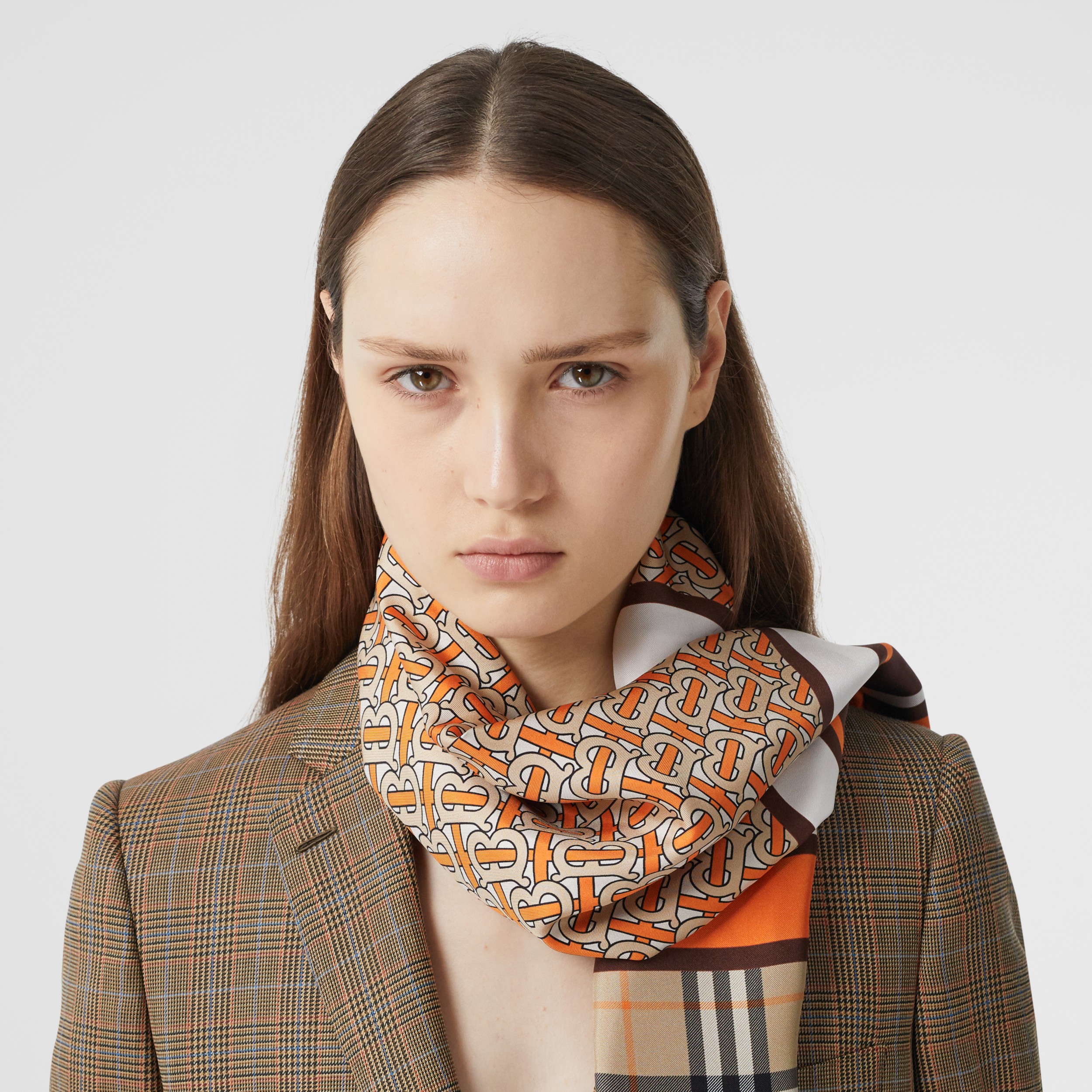 Monogram, Icon Stripe and Check Print Silk Scarf in Bright Orange