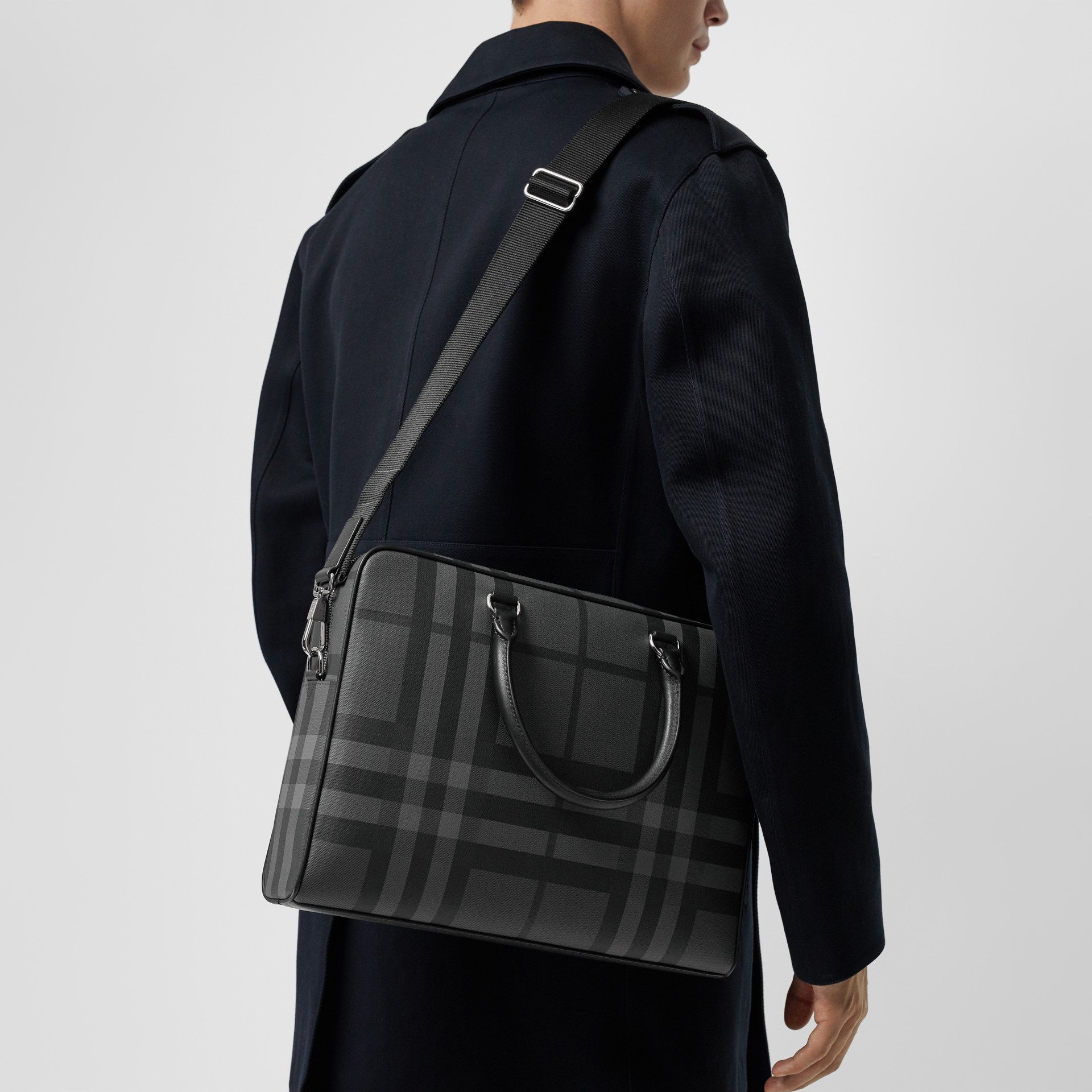 London Check and Leather Briefcase in Charcoal/black - Men | Burberry ...