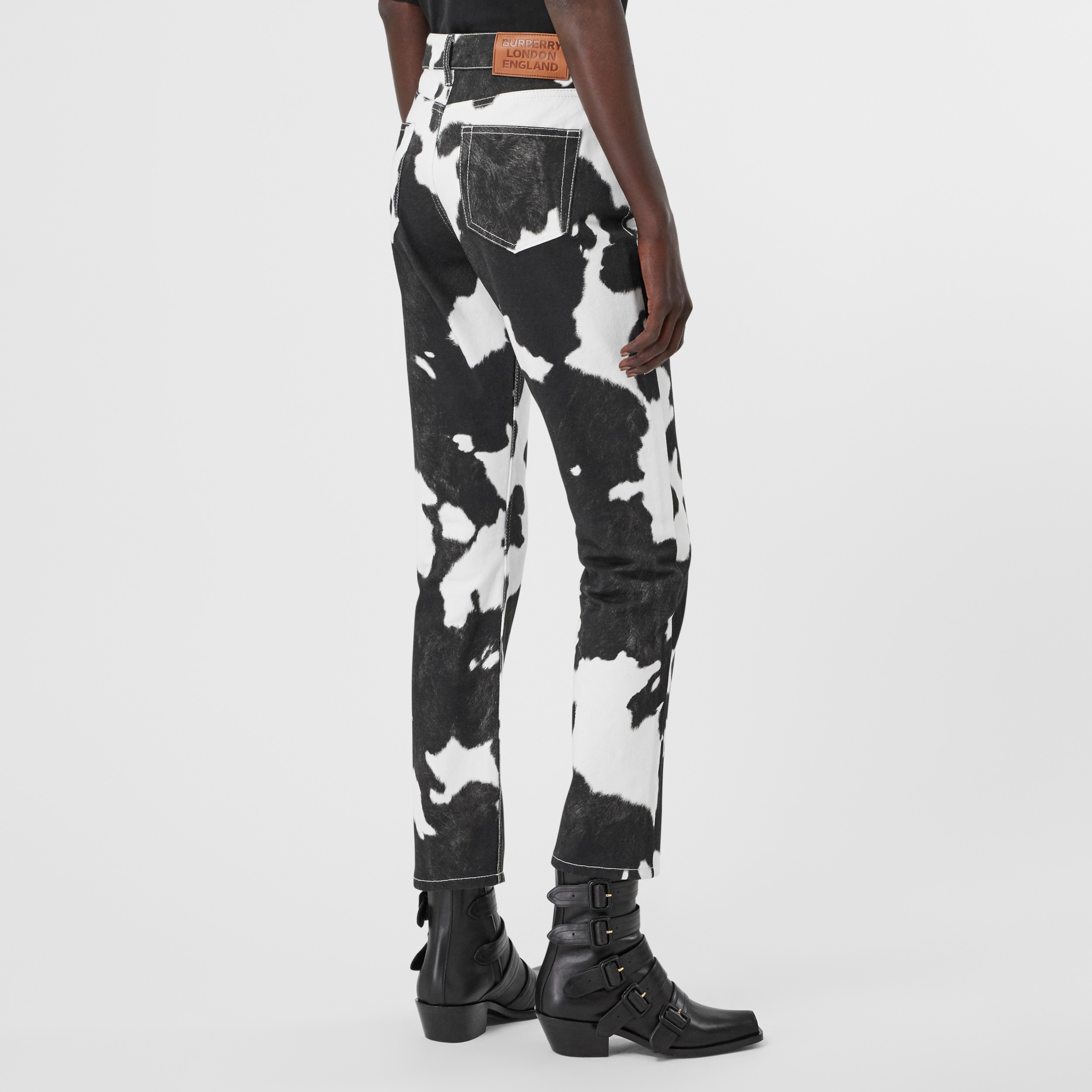 Straight Fit Cow Print Jeans in Black Women Burberry United States