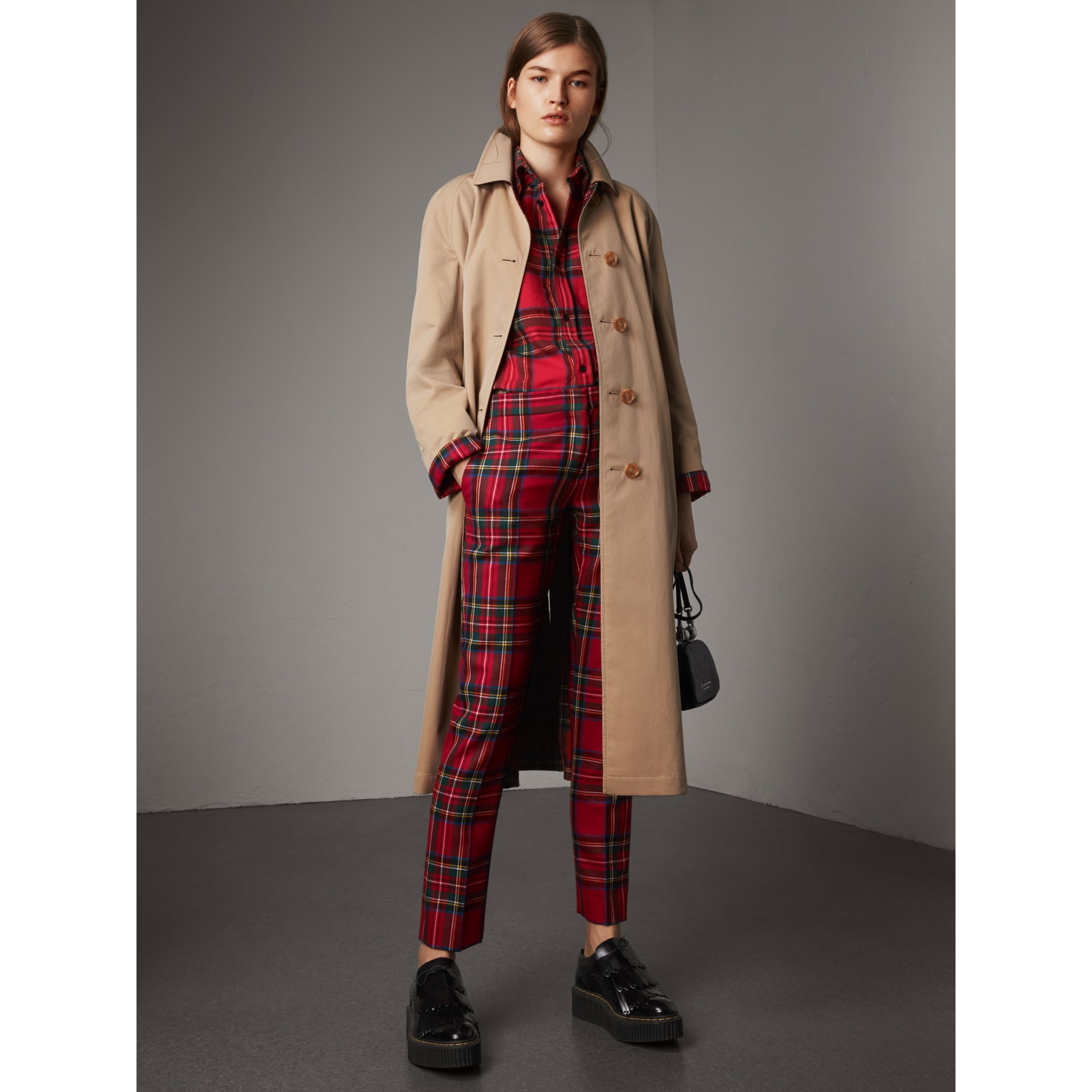 Reversible Gabardine and Tartan Wool Car Coat in Honey - Women ...