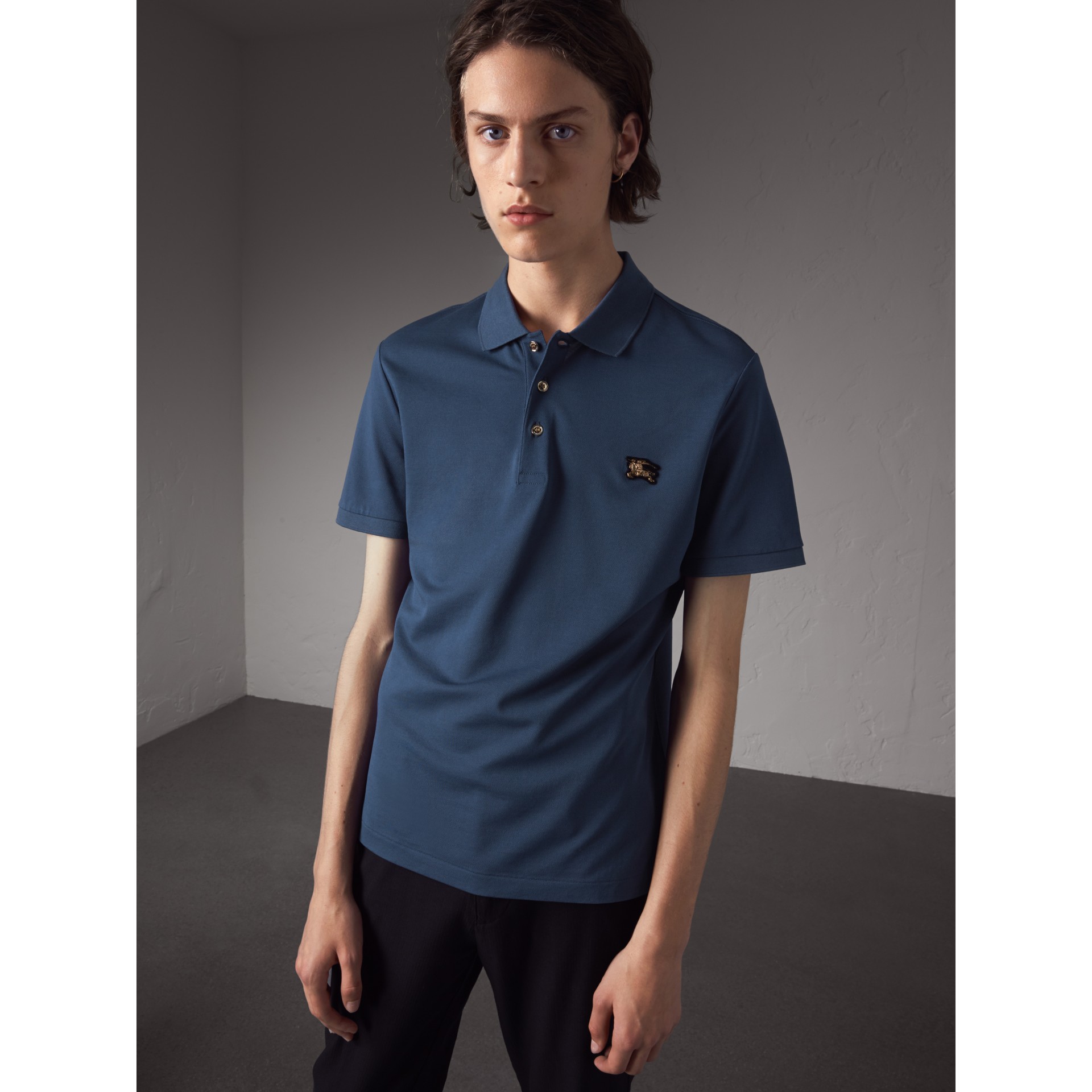 Cotton Piqué Polo Shirt in Steel Blue - Men | Burberry United States