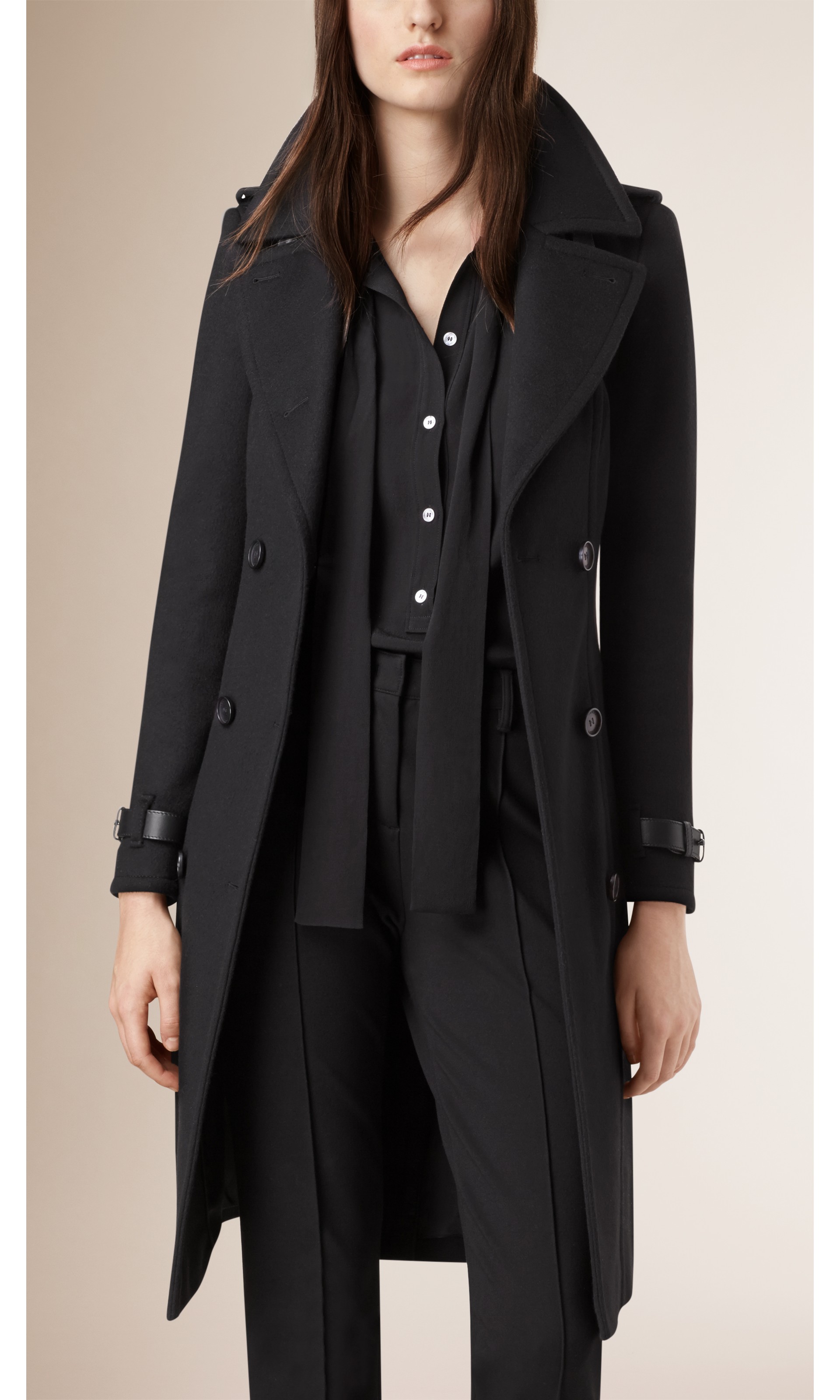Leather Trim Wool Cashmere Trench Coat in Black - Women | Burberry ...