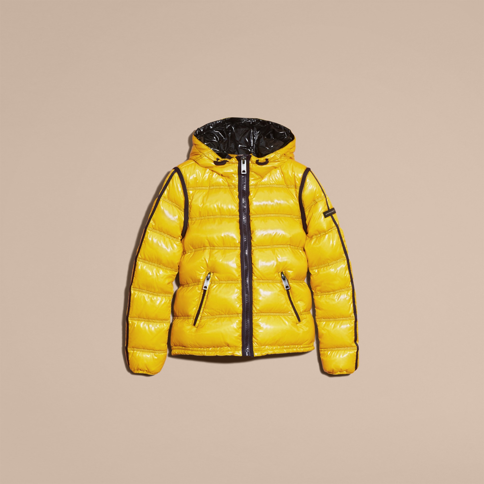 Glossy Hooded Puffer Jacket with Sporty Detailing Burberry
