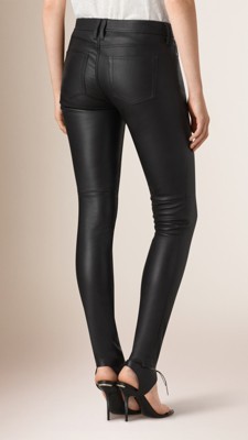 黑色 弹力纳帕皮革紧身裤 - 图 2