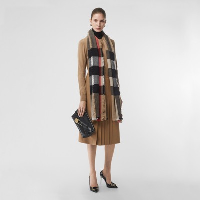Fringed Check Wool Cashmere Scarf in 