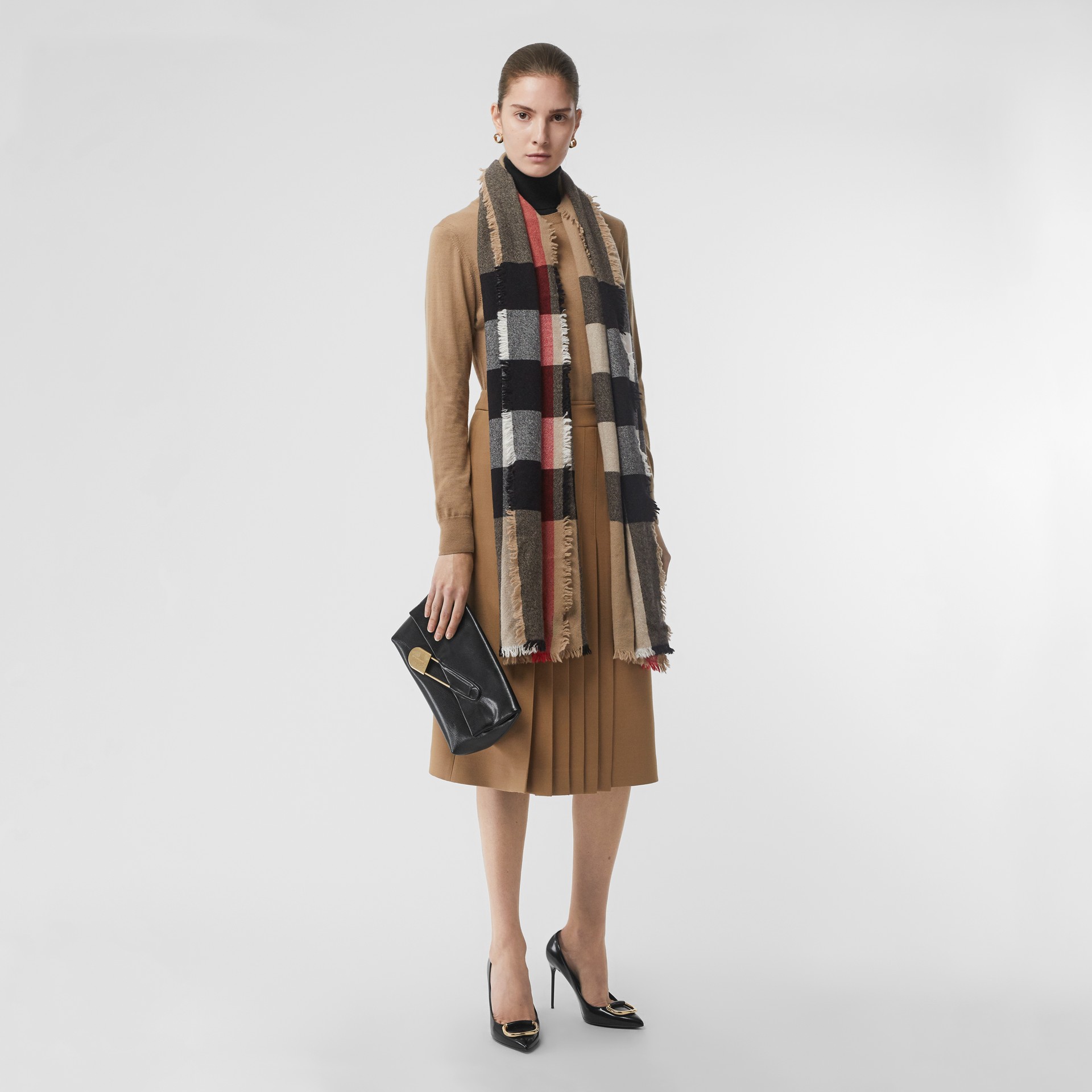 Fringed Check Wool Cashmere Scarf In Camel | Burberry Canada