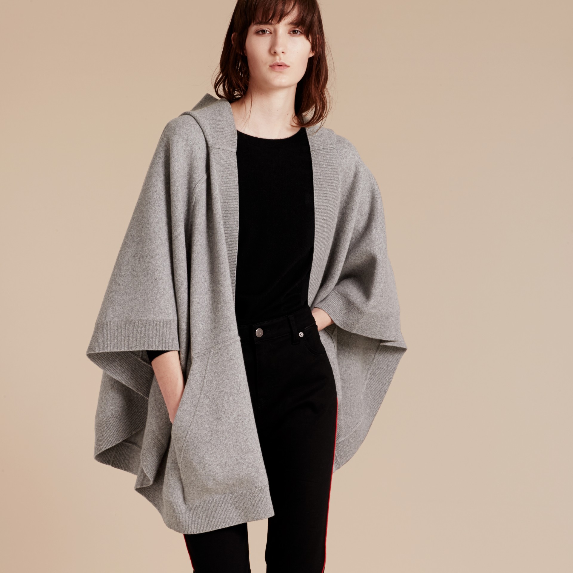 Wool Cashmere Blend Hooded Poncho in Mid Grey Melange - Women | Burberry
