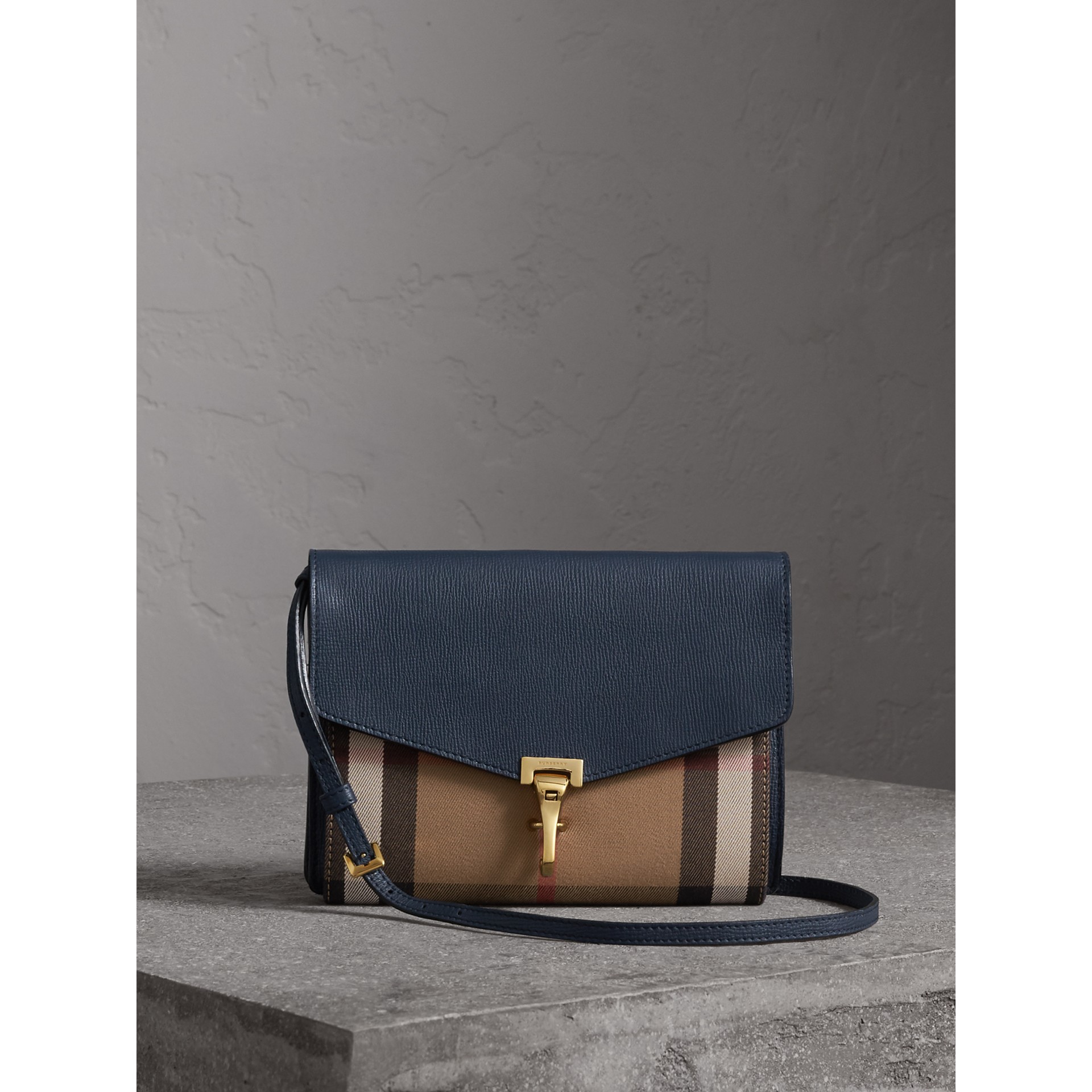 Small Leather and House Check Crossbody Bag in Ink Blue Women Burberry United States