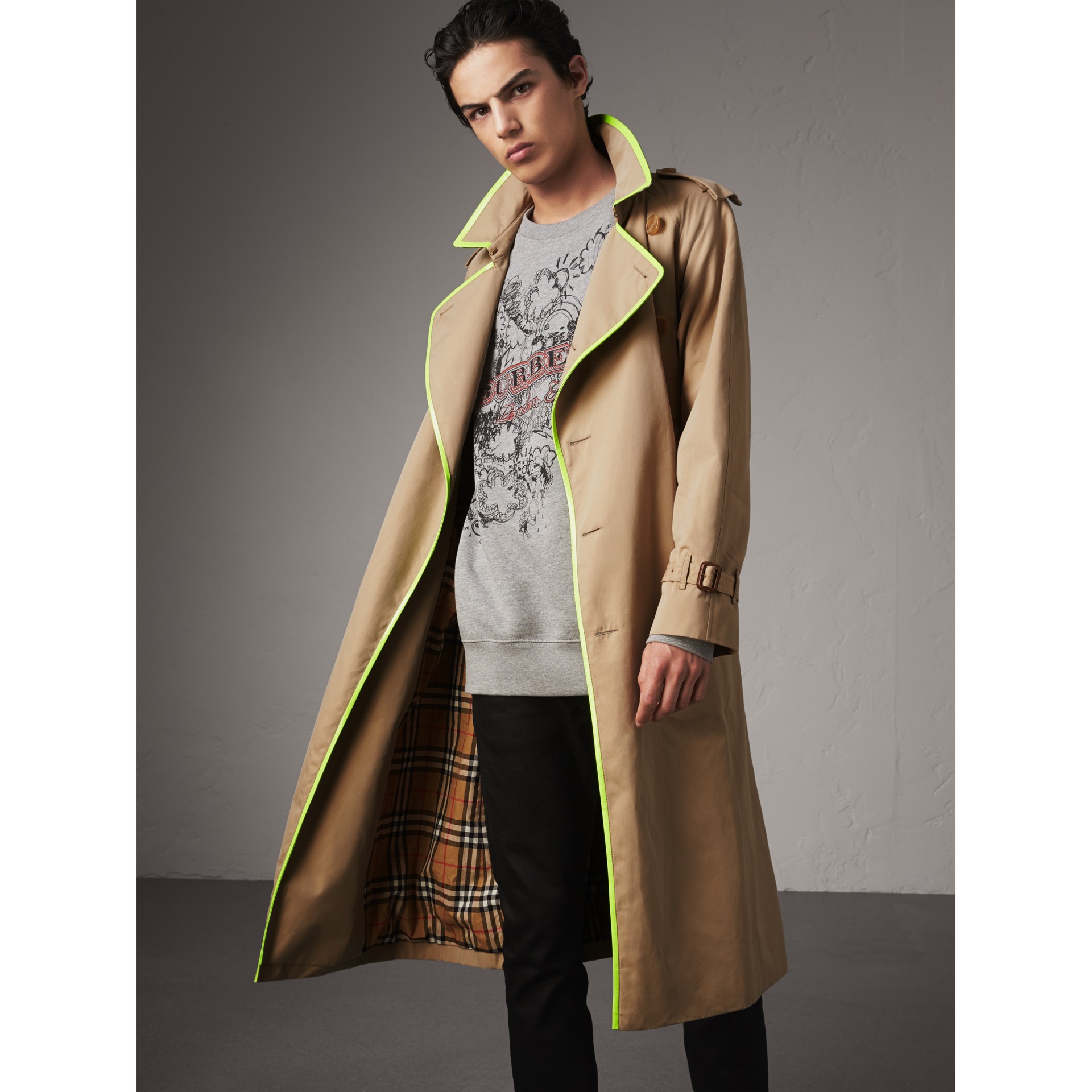 Tape Detail Cotton Gabardine Trench Coat in Honey Men Burberry