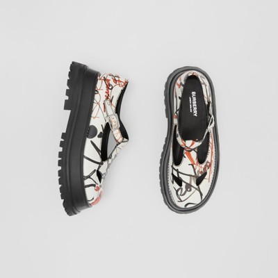 Graffiti Print Leather T-bar Shoes in 