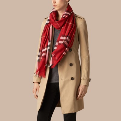 Check Wool and Silk Scarf in Parade Red 