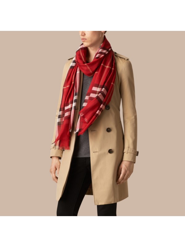 Lightweight Check Wool and Silk Scarf in Parade Red - Women | Burberry ...