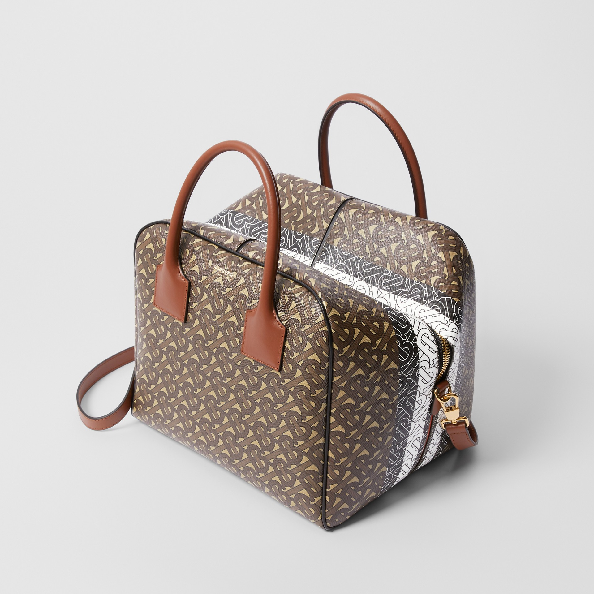 Medium Monogram Stripe E Canvas Cube Bag In Bridle Brown Women Burberry United Kingdom Medium Monogram Stripe E Canvas Cube Bag In Bridle Brown Women Burberry United Kingdom