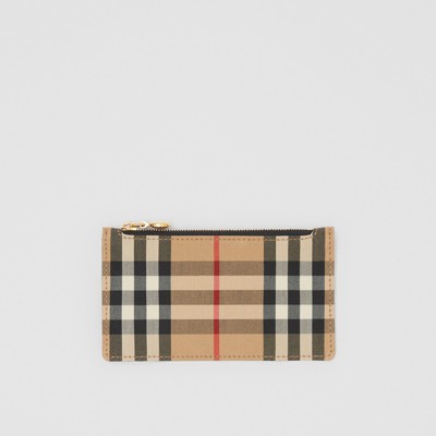 Vintage Check and Leather Zip Card Case 
