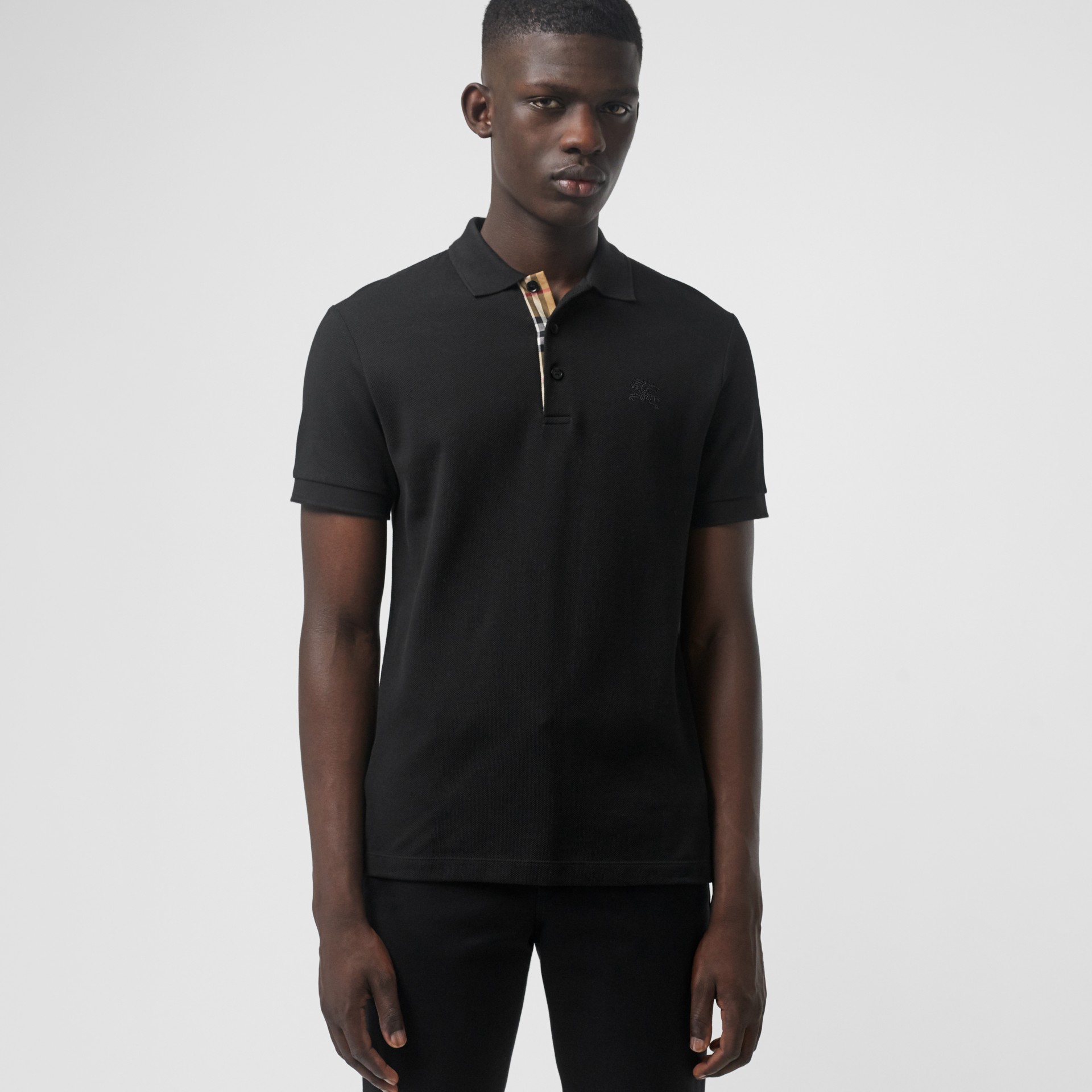 Check Placket Cotton Polo Shirt In Black - Men | Burberry United States