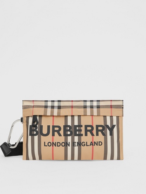 BURBERRY 徽标印花标志性条纹尼龙拉链收纳袋