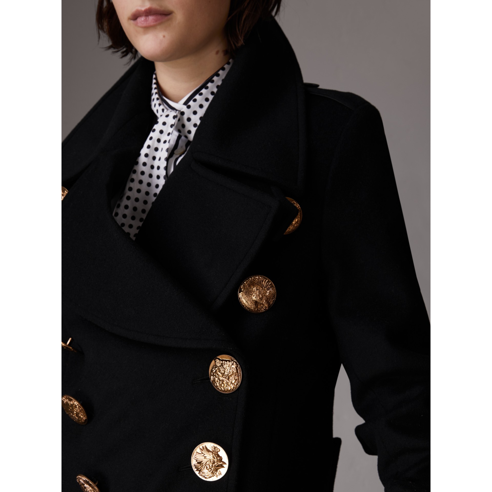 Bird Button Wool Blend Military Coat in Black Women Burberry United