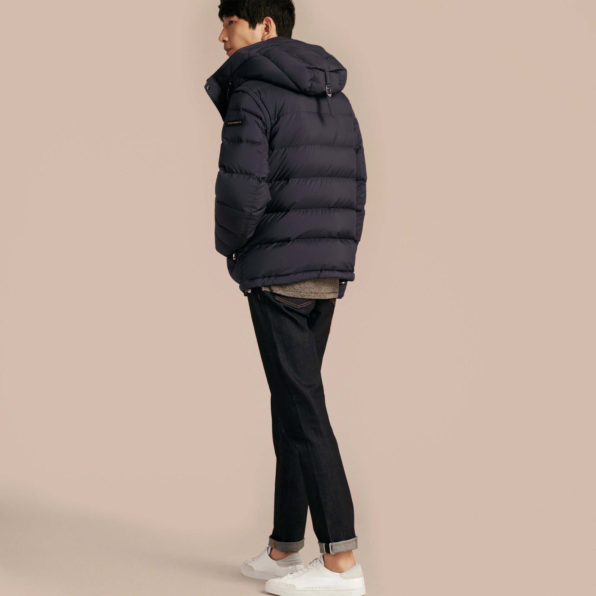 Downfilled Hooded Jacket with Detachable Sleeves Navy Burberry