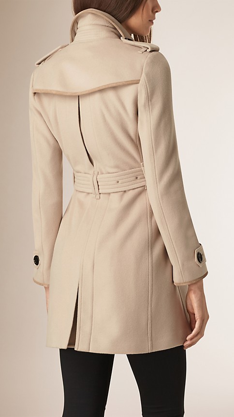 Nude Leather Trim Wool Cashmere Trench Coat - Image 3