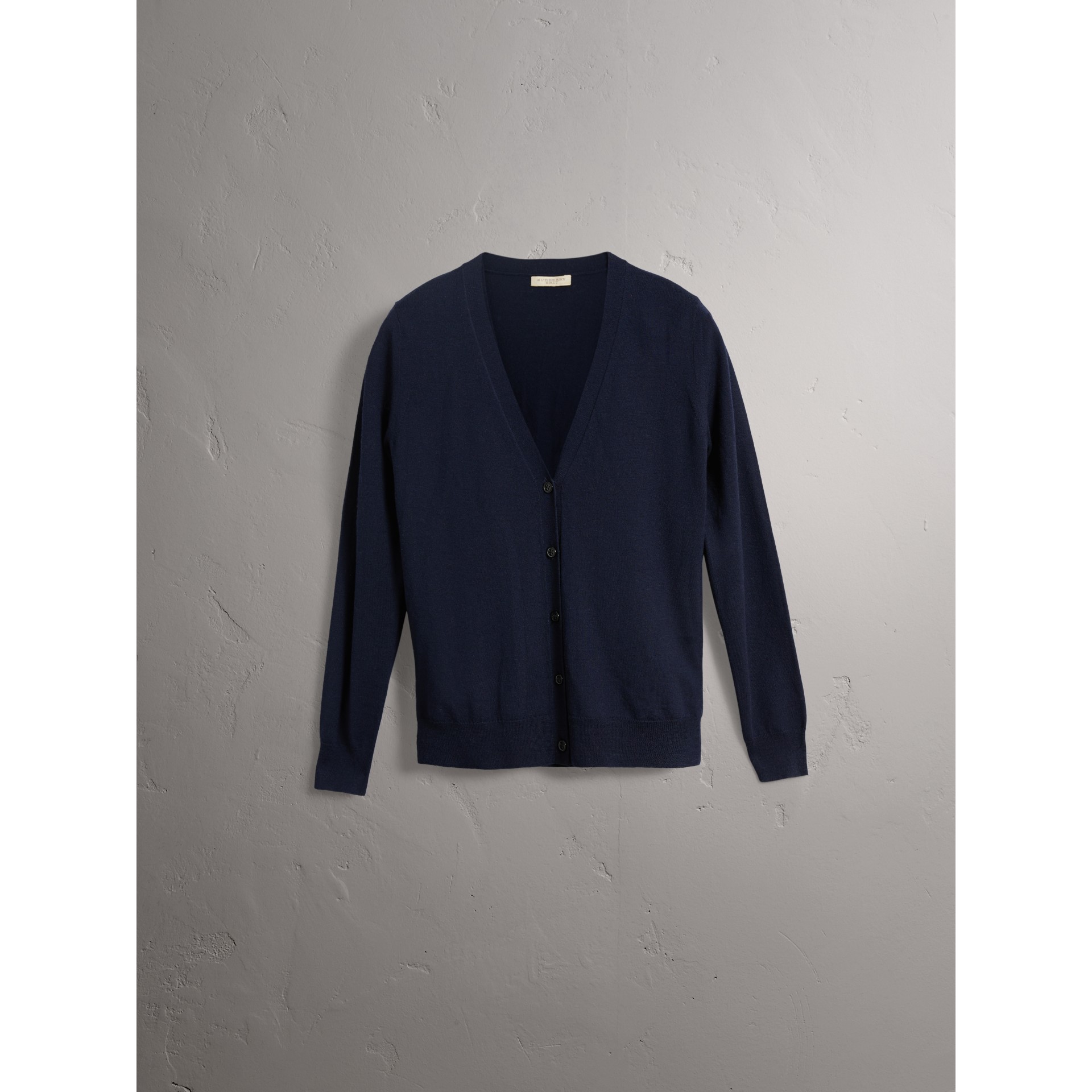 Check Detail Merino Wool Cardigan in Navy Women Burberry United Kingdom