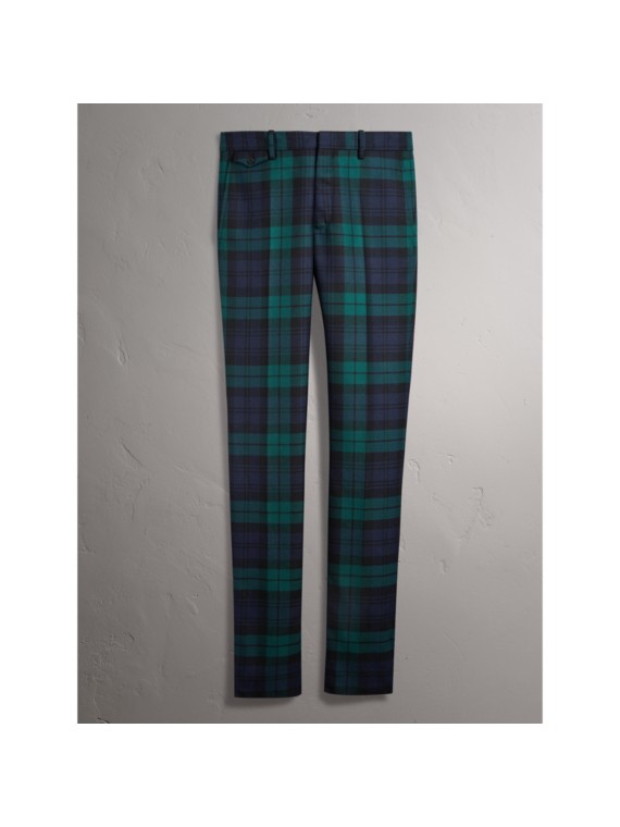 Tartan Wool Tailored Trousers in Navy Men Burberry United Kingdom