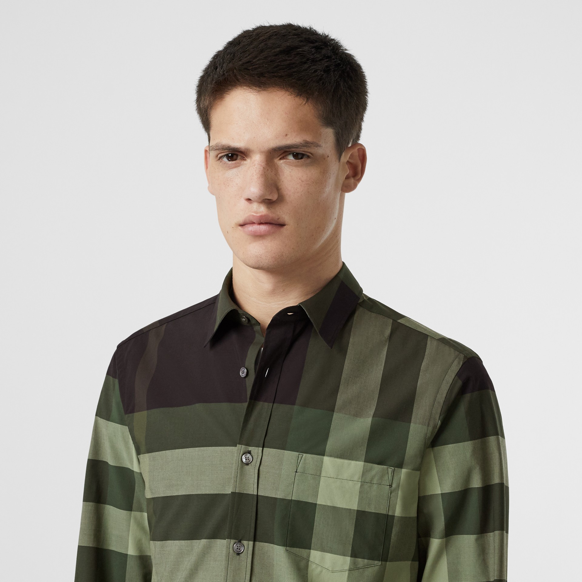 Check Stretch Cotton Shirt in Dark Forest Green Men Burberry Australia