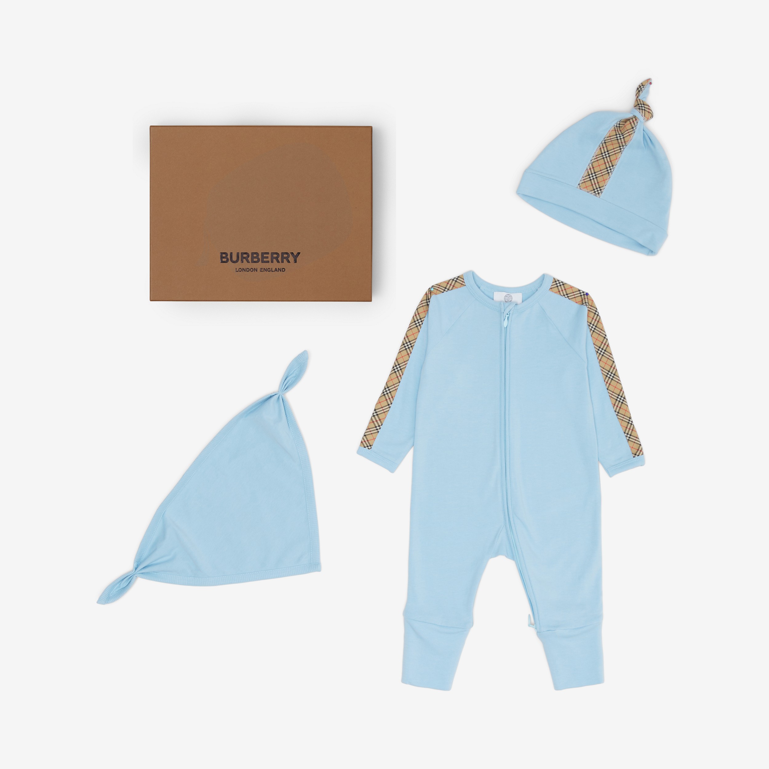 Check Trim Cotton Three-piece Baby Gift Set in Powdered Blue - Children | Burberry® Official - 1