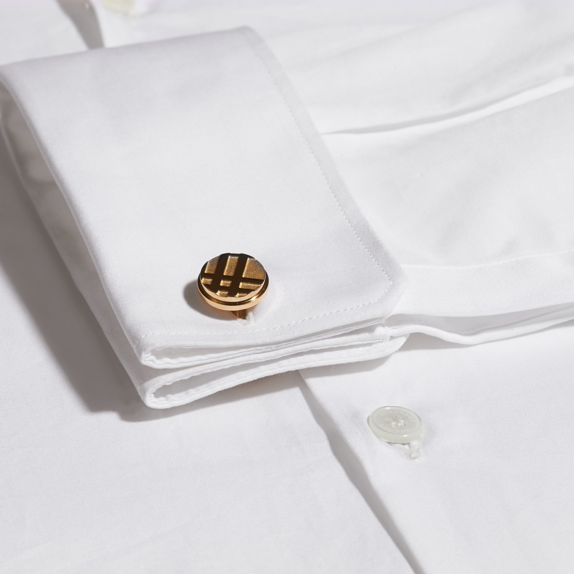 Checkengraved Round Cufflinks in Pale Gold Men Burberry United States