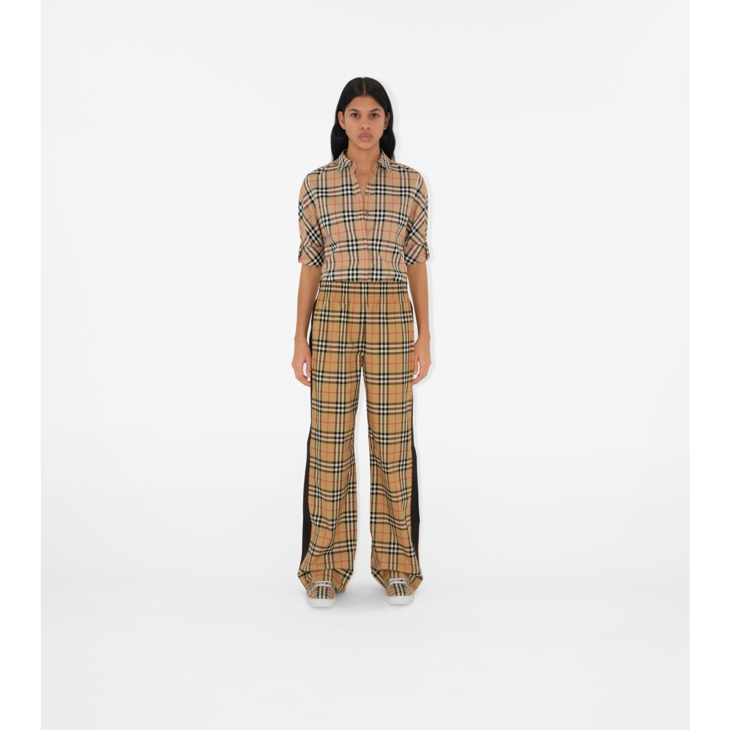 Side Stripe Vintage Check Stretch Cotton Trousers in Archive beige - Women  | Burberry® Official