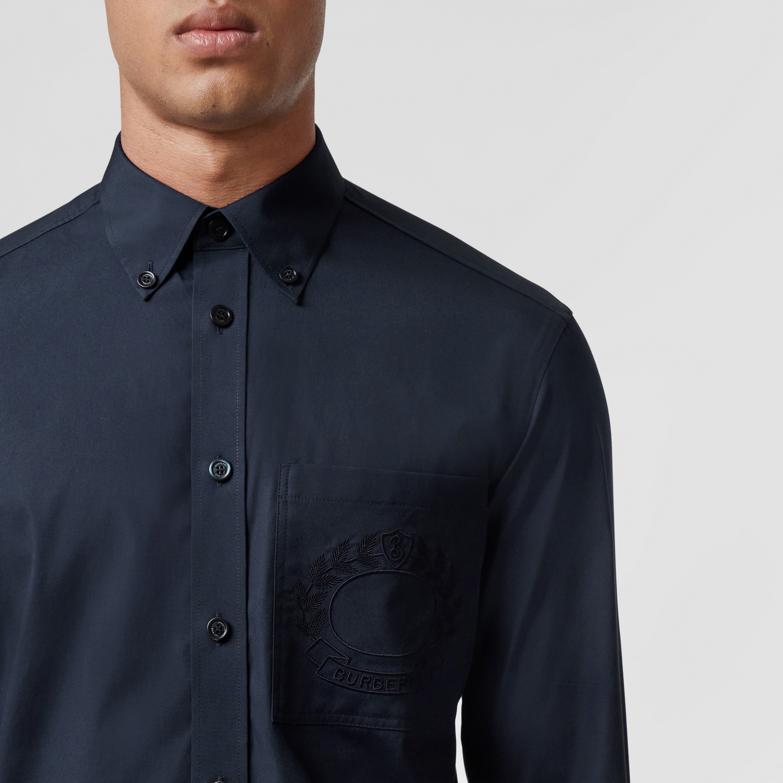 Embroidered Oak Leaf Crest Stretch Cotton Shirt in Dark Charcoal Blue - Men | Burberry® Official - 2