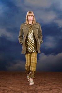 Burberry SS26 Show model Jacqui Hooper wearing a Mirror tile embroidered dress and Studded leather Baez sandals