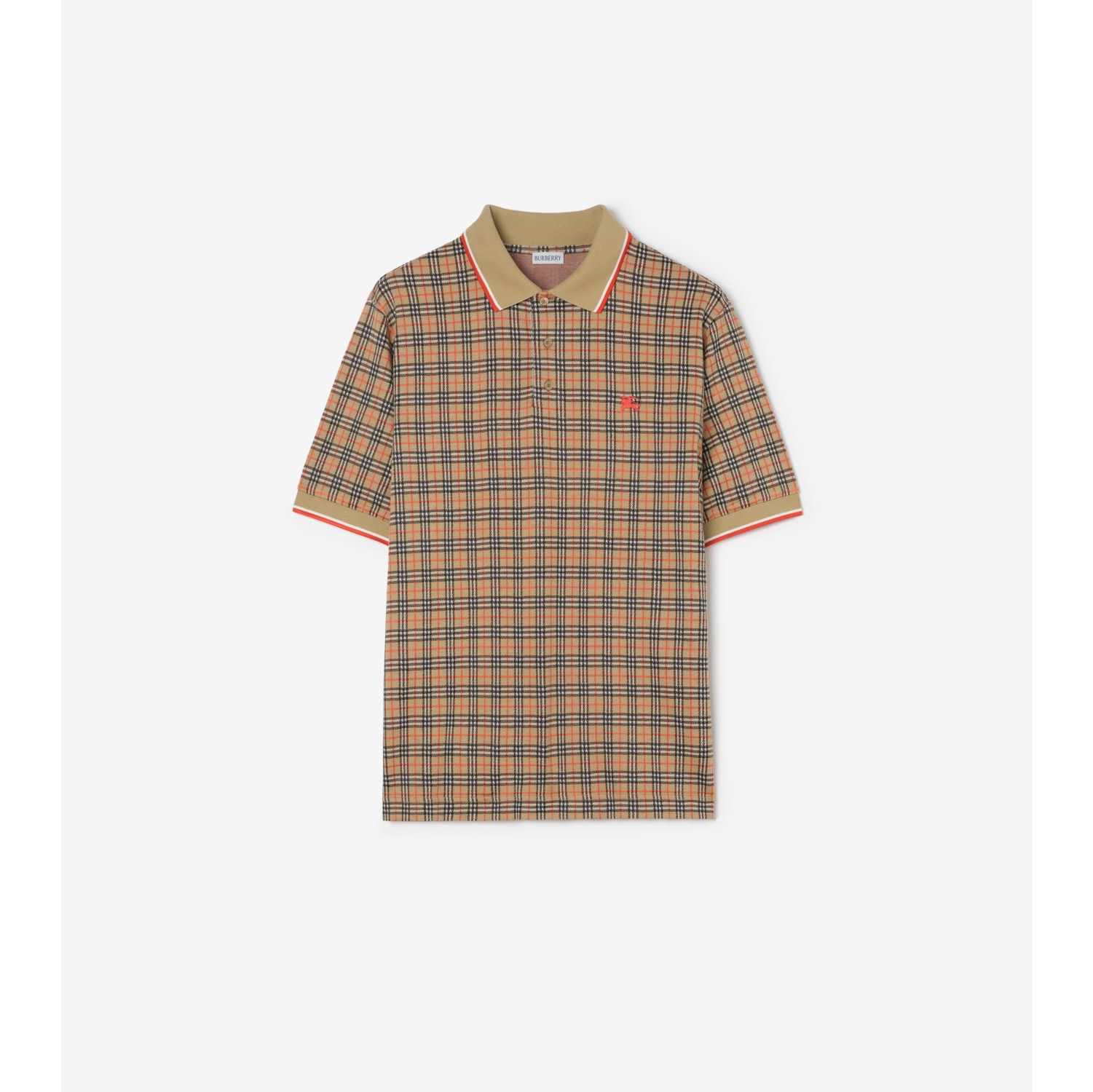 チェック コットンブレンドポロシャツ (サンドベージュ) - メンズ