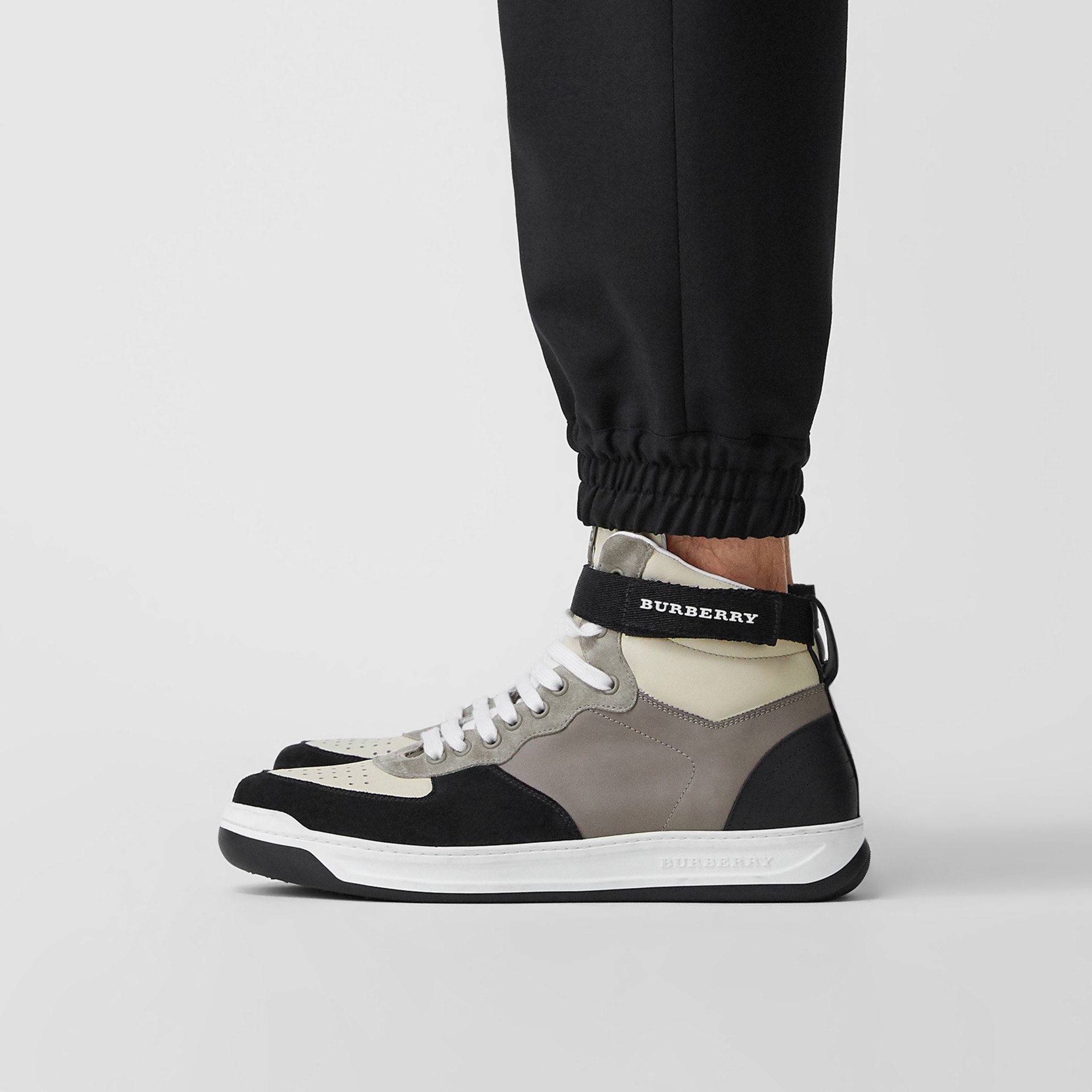 Leather and Suede High-top Sneakers in Mineral Grey - Men | Burberry ...