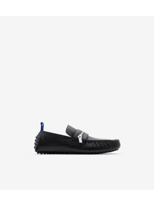 Shop Burberry Leather Motor Low Loafers In Black