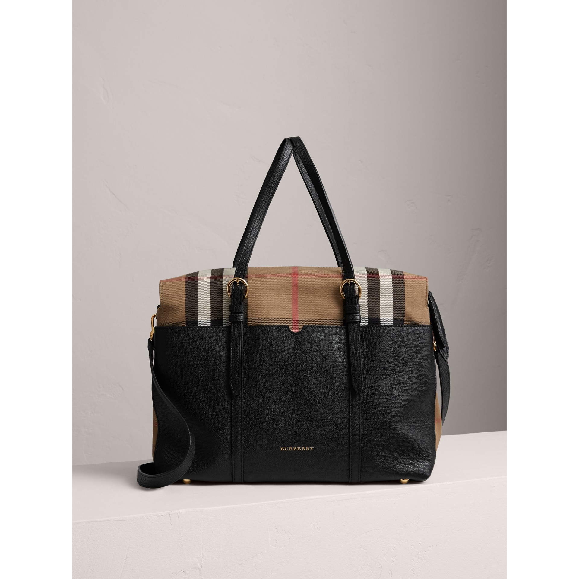 House Check and Leather Baby Changing Bag in Black Burberry United