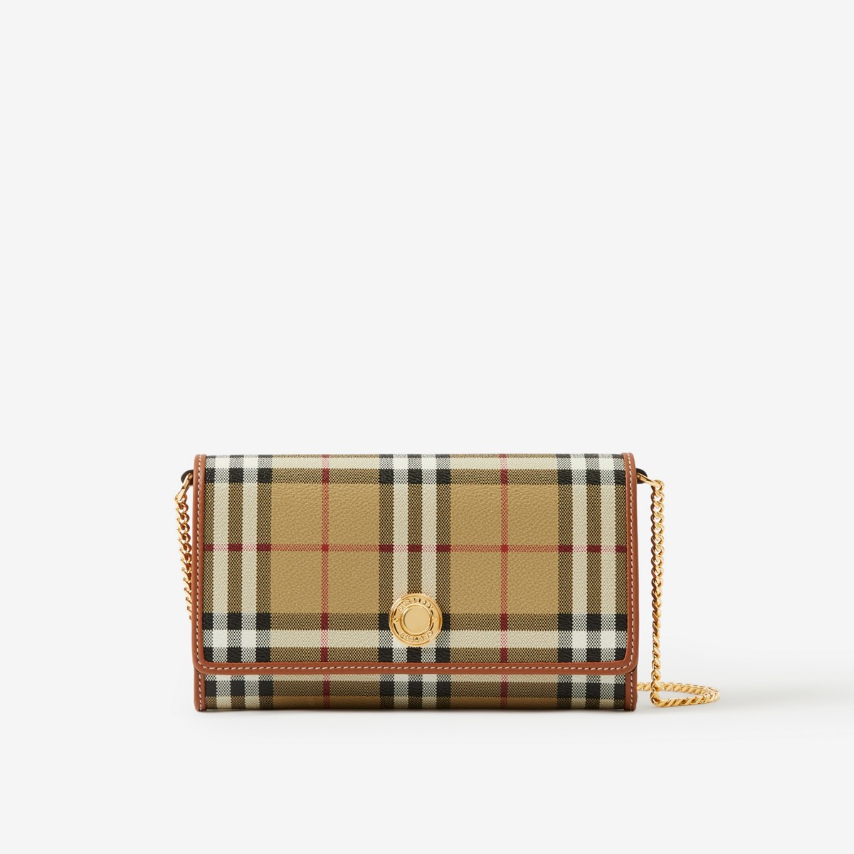 Burberry Check Wallet With Chain Strap In Archive Beige