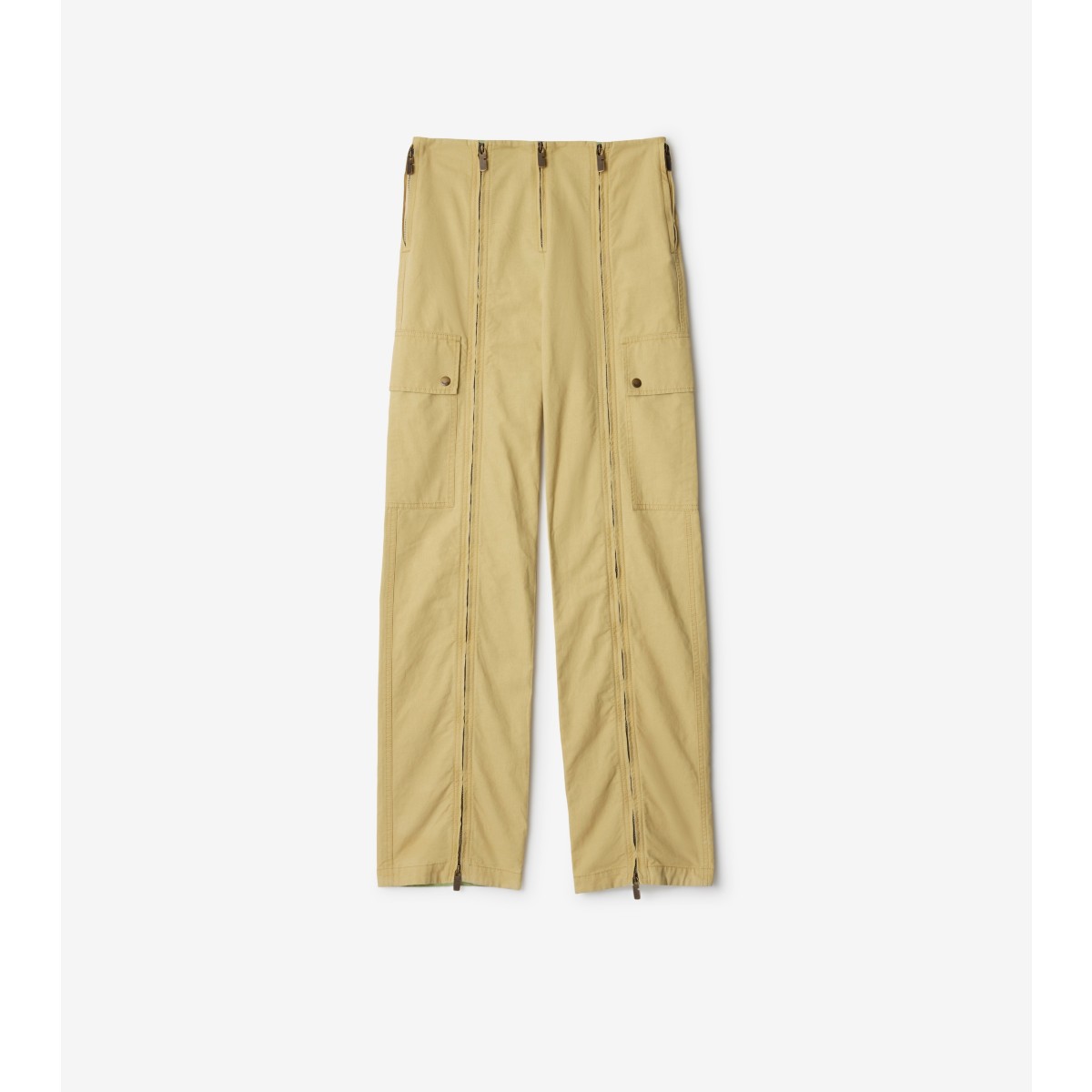 Burberry Cotton Linen Zip Trousers In Hay/artichoke