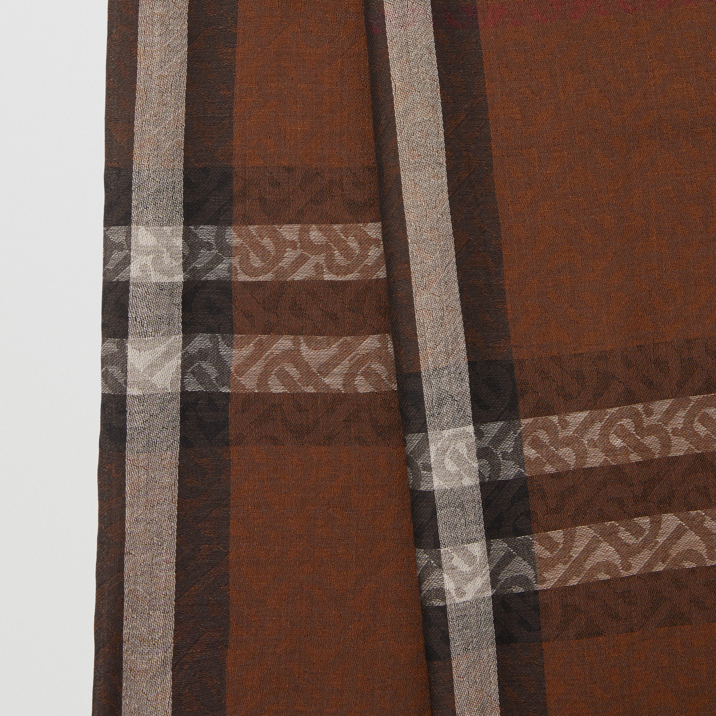 Lightweight Monogram and Check Wool Silk Scarf in Dark Birch Brown | Burberry® Official - 4