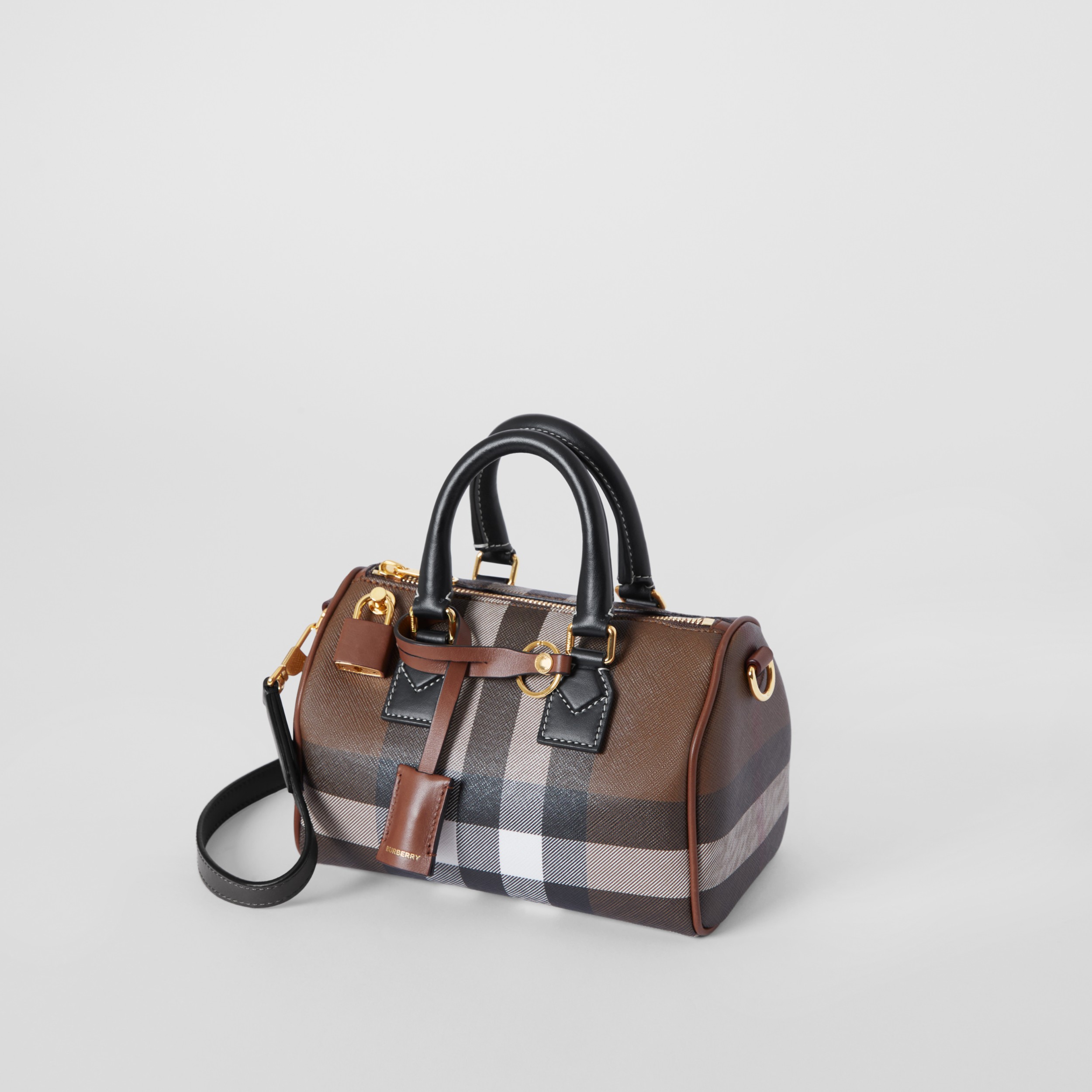 Check and Leather Mini Bowling Bag in Dark Birch Brown Women