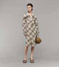 Model wearing Burberry Check Trench Dress with Coast Sandals, holding a Leather Knight Junior Bag
