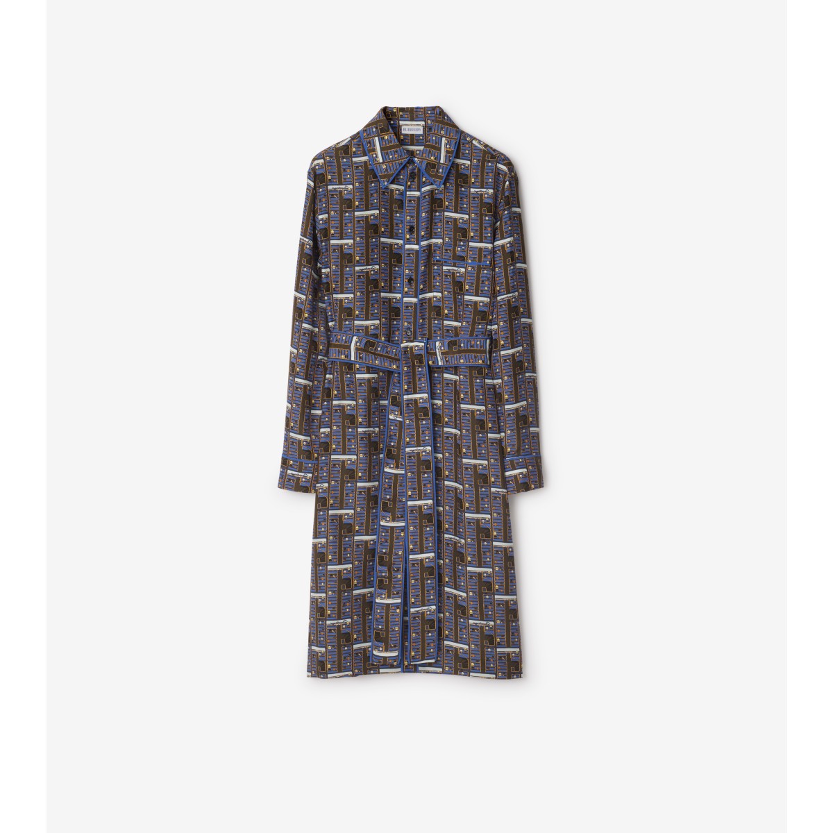Burberry Silk Bus Print Midi Dress In Knight